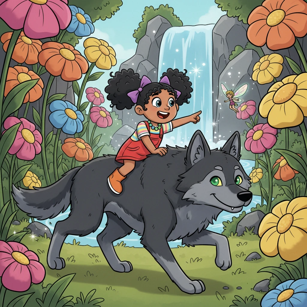 Lua giggled, pointing the way as she expertly guided Nachtschatten through the maze of towering, wobbly flowers. Together, the wolf's strength and the girl's keen eyes, they followed the pixie, working as a perfect team. The playful chase eventually led them to a hidden, sparkling waterfall, shimmering with magic.