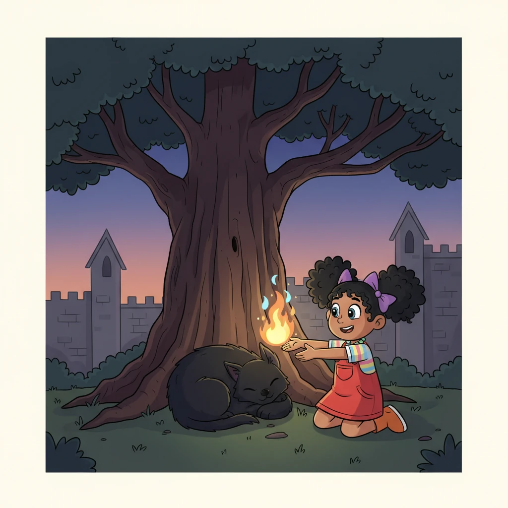 They found a cozy, secluded spot just outside the city walls, nestled beneath a grand, old tree. Nachtschatten curled up, a dark, comforting silhouette against the deepening twilight, while Lua, with a flick of her wrist, prepared a small, magical fire that danced with soft, warm light.