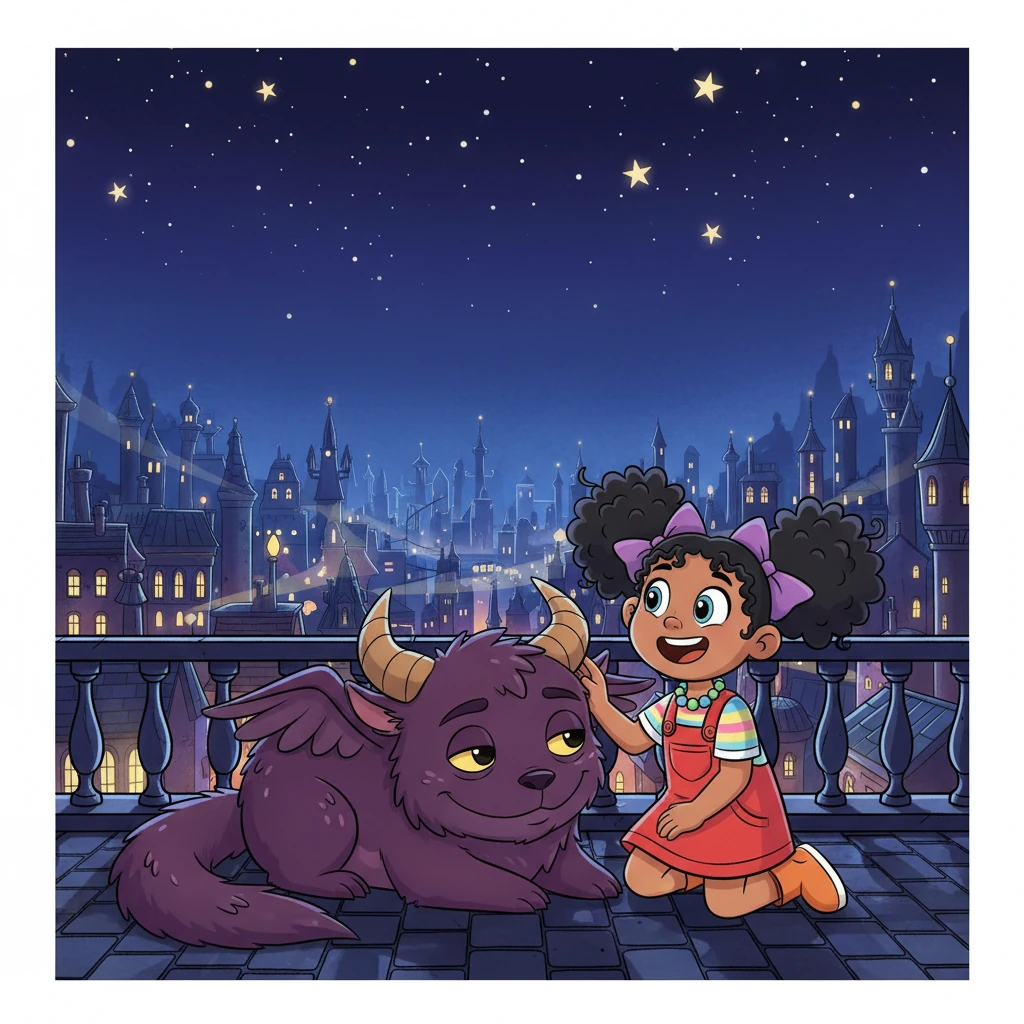 Under a vast blanket of glittering stars, Lua gazed at the city with wide-eyed excitement, her hand resting affectionately on Nachtschatten's warm fur. With their hearts full of anticipation and their spirits ready, they knew they were prepared for whatever wondrous escapades tomorrow would bring.