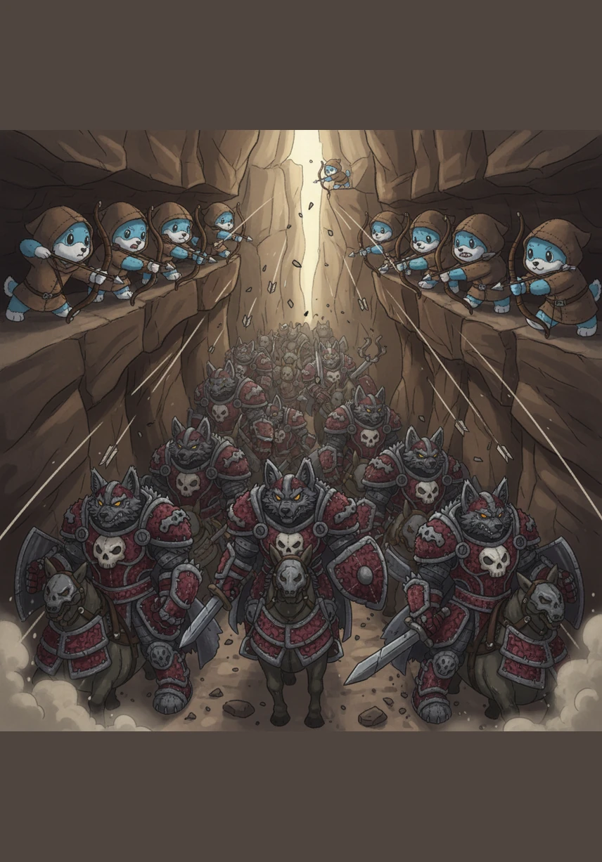 From the shadows of the canyon walls, Dhala archers appeared, raining arrows down upon the trapped invaders. The enemy's superior numbers meant nothing now, as they had no room to swing their swords or maneuver their steeds.
