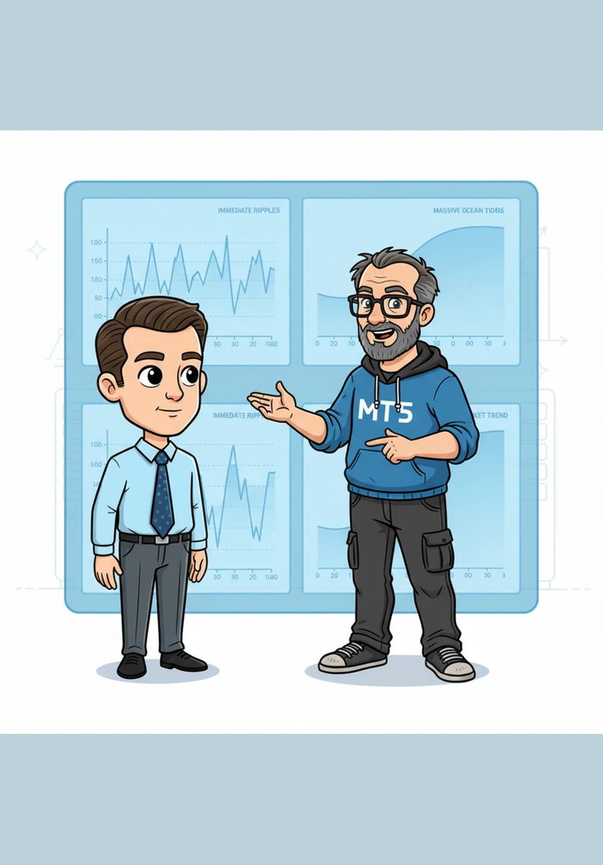 He introduces a dual-perspective system, allowing the program to see both the immediate ripples and the massive ocean tides of the market. The screen displays two charts side-by-side, one for the signal and one for the grand trend.