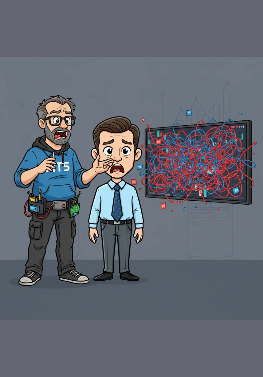 The first live test begins, but something goes wrong as the screen fills with a chaotic flurry of red and blue trade lines. The algorithm is over-reacting to every tiny price movement, opening and closing positions in a frantic, losing cycle.