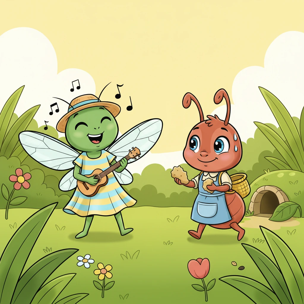 Sotto il sole caldo dell'estate, Cico la cicala strimpellava la sua chitarra con gioia. Cantava canzoni allegre, godendosi ogni raggio di sole senza pensieri. Intanto, Formichina, con un sorriso gentile, trasportava con fatica briciole e semini verso la sua tana.