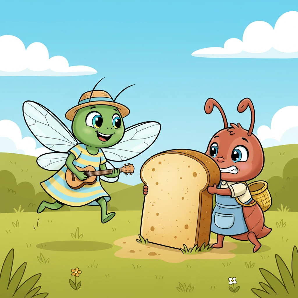 Un giorno, Cico vide Formichina affannarsi con un pezzo di pane gigante, quasi più grande di lei. La cicala, con un balzo giocoso, si avvicinò e la invitò a unirsi al suo concerto. "Vieni a ballare, Formichina!" canticchiò Cico.