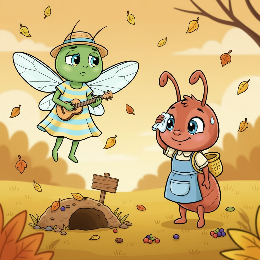 Formichina si fermò, asciugandosi una goccia di sudore dalla fronte. "Grazie, Cico," rispose dolcemente, "ma devo lavorare. L'inverno arriverà presto e ho bisogno di fare scorte per non avere freddo e fame." Indicò la sua piccola casa sottoterra.