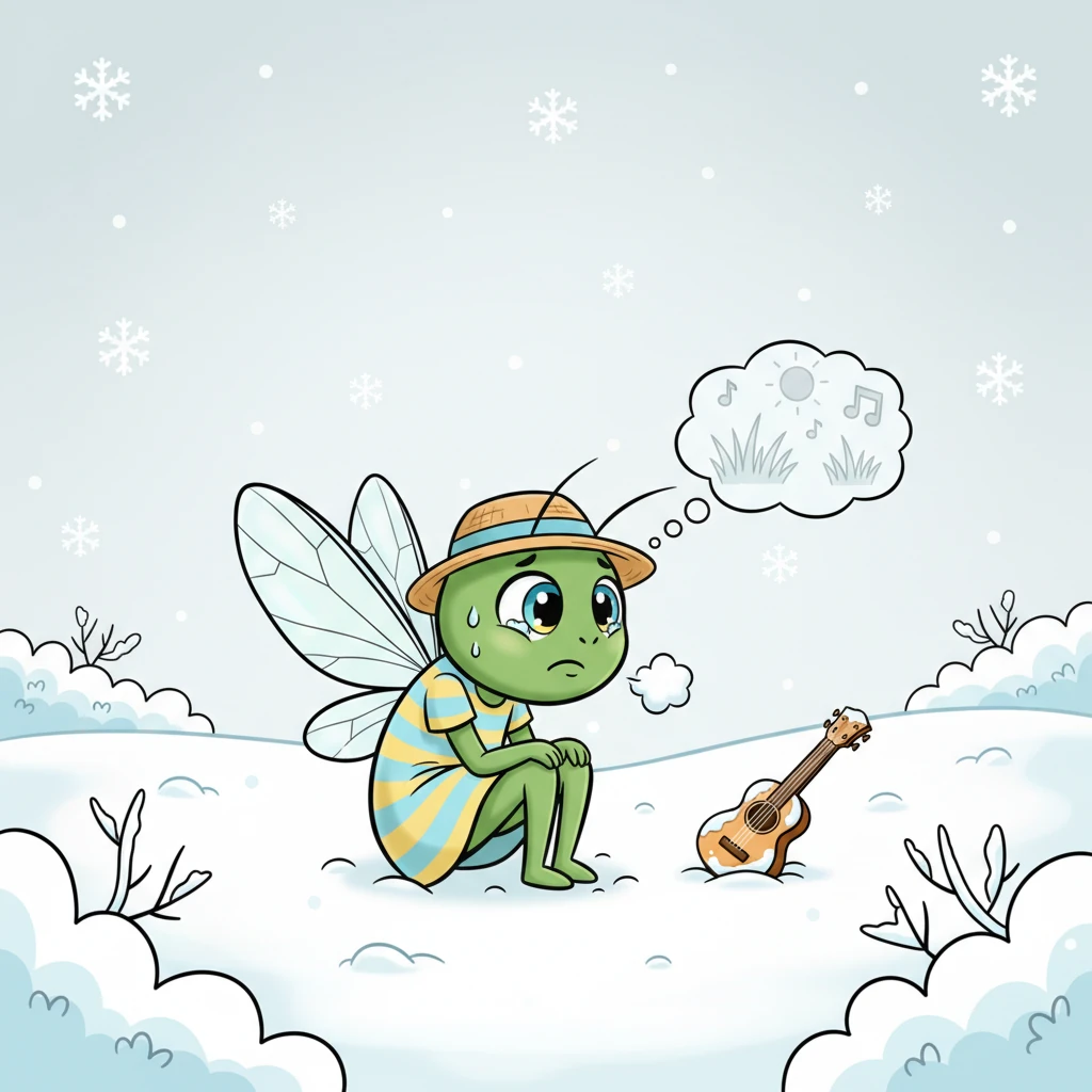 Poi arrivò l'inverno, portando con sé un manto bianco di neve soffice. Il mondo si addormentò sotto il gelo e Cico si ritrovò solo, infreddolito e con la pancia che brontolava. Non c'era più erba, né sole, né musica per scaldarlo.