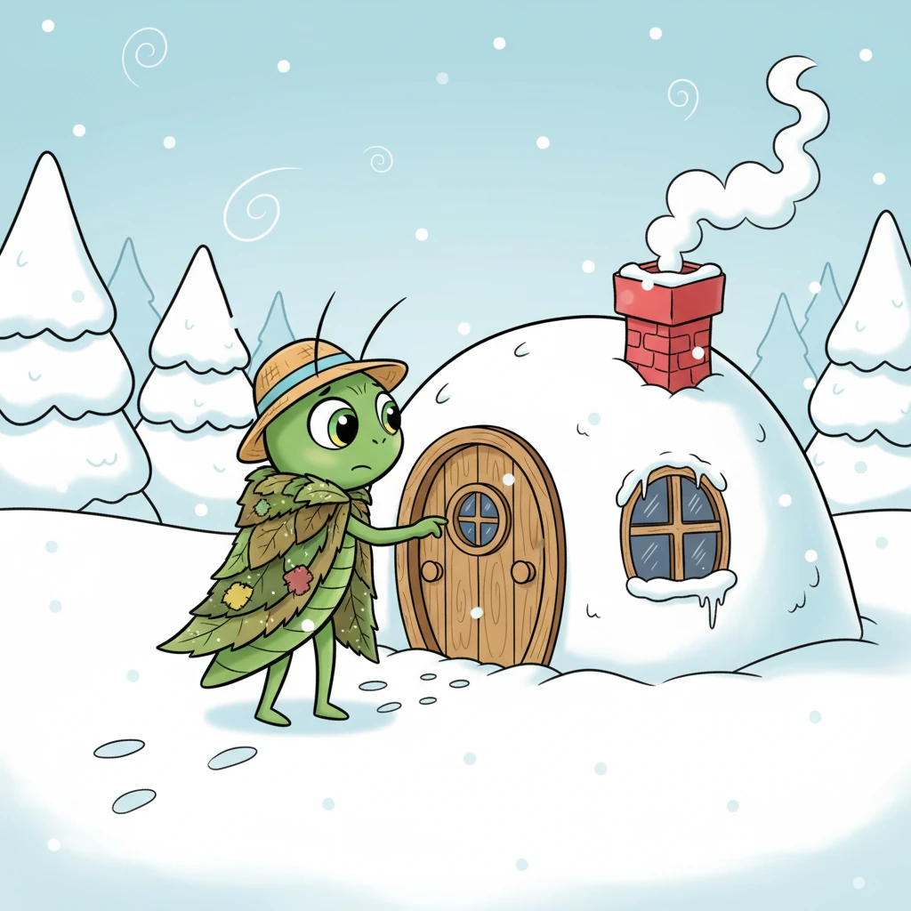 Ricordando le parole di Formichina, Cico si strinse nel suo cappottino di foglie e si incamminò con passo tremante. Arrivò davanti alla tana della formica, ora coperta di neve, e bussò piano alla porticina, sperando in un po' di aiuto.