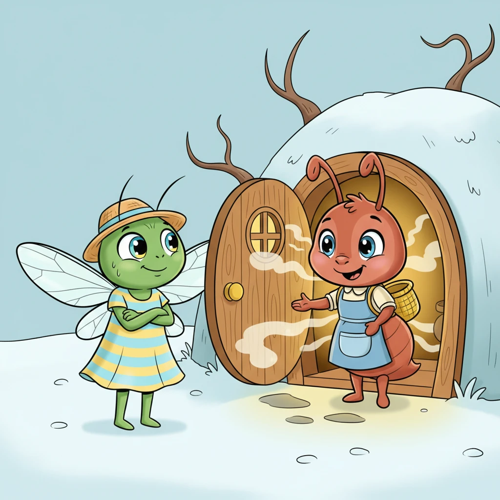 La porticina si aprì e Formichina apparve, sorpresa ma con un'espressione accogliente. Il calore e il profumo di cibo provenivano dalla sua casetta. Vide Cico tremare dal freddo e lo invitò subito ad entrare con un gesto gentile.