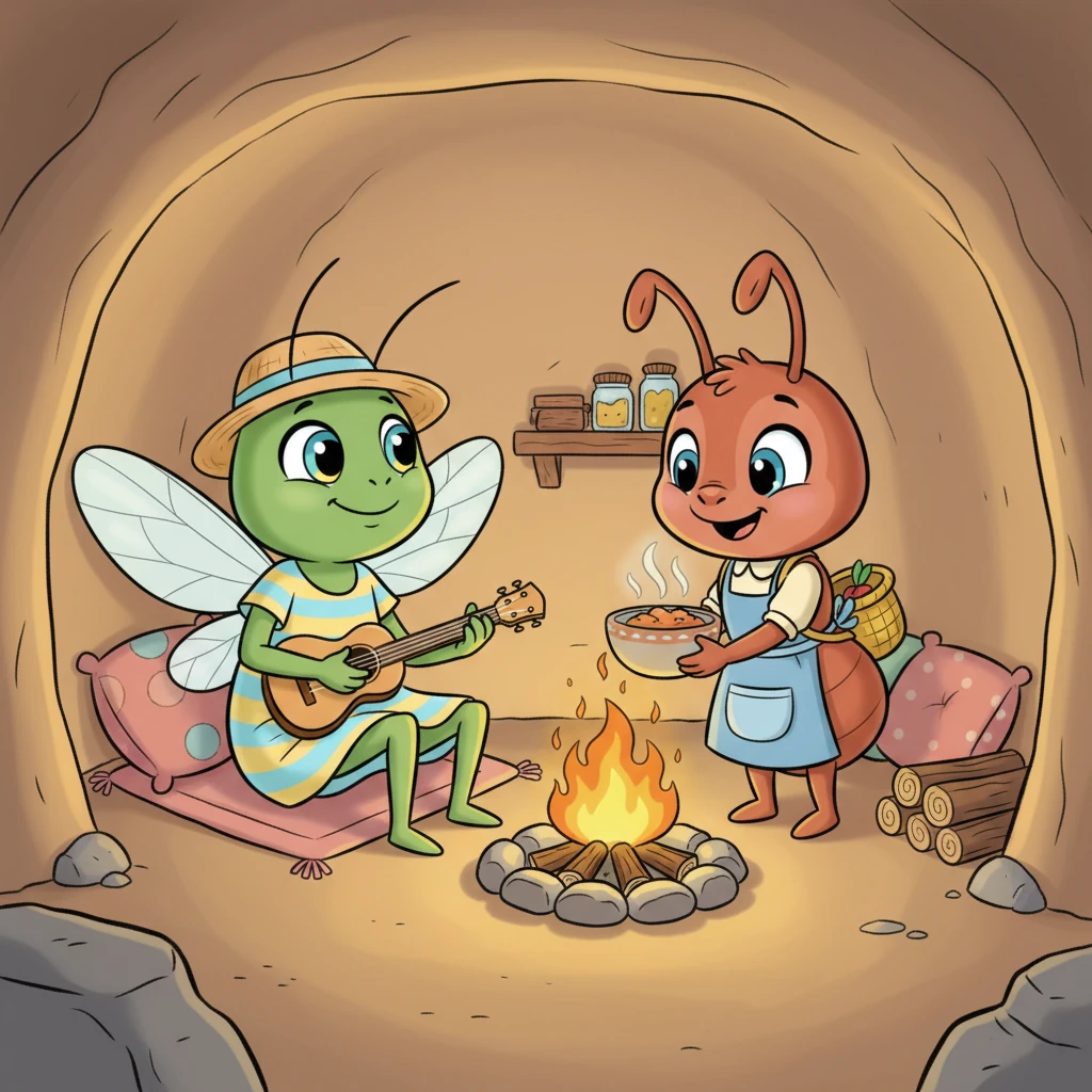 All'interno, Formichina aveva un fuoco piccolino che scoppiettava allegramente. Offrì a Cico un pasto caldo e un angolino accogliente dove riposare. Cico si sentì subito meglio, grato per la generosità della sua amica.