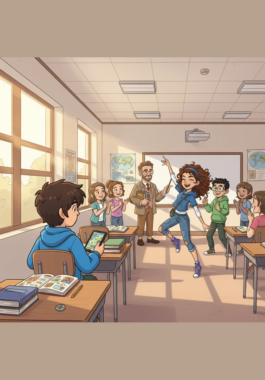 The morning sun shines into Room 302, where Leo sits quietly at his desk, absorbed in a colorful textbook. In the background, Sarah and Ben are laughing and showing off their latest dance moves to a group of friends.
