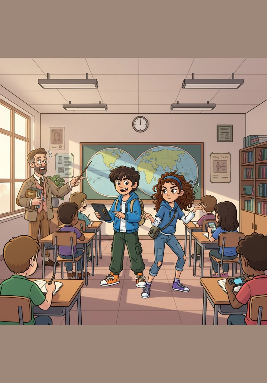 The classroom is a whirlwind of different energies, with some students whispering about movies while others toss a paper ball across the aisles. Leo stays focused, his eyes moving steadily across the lines of his book as he absorbs every detail.