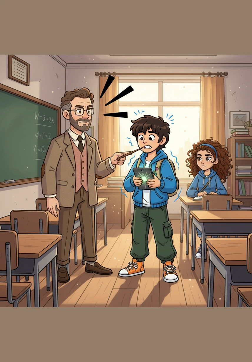 The heavy wooden door swings open, and Mr. Henderson enters the room holding a thick stack of papers. The atmosphere shifts instantly as the students notice the serious look on their teacher's face.