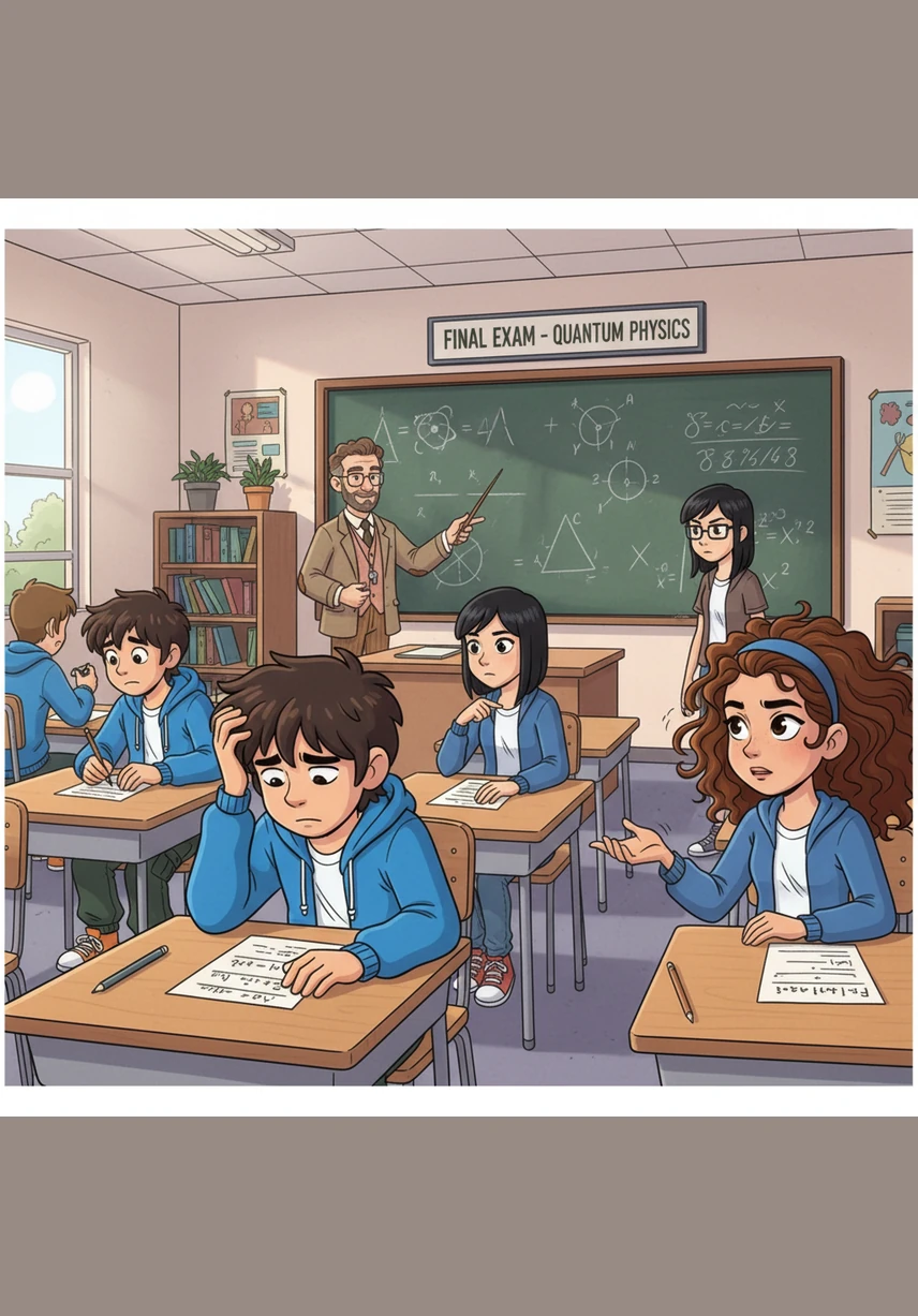 Across the room, many of his classmates are frozen, staring at the difficult questions they do not recognize. Ben scratches his head in frustration, while Sarah sighs, wishing she had spent more time with her books.