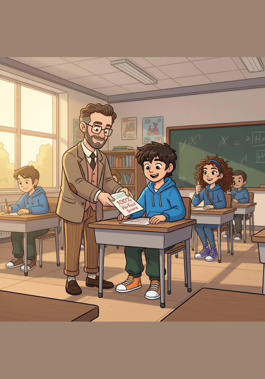 The next morning, the sun is back as Mr. Henderson walks around to return the graded quizzes. When he reaches Leo’s desk, he gives a small, proud nod as he sets down a paper marked with a perfect score.