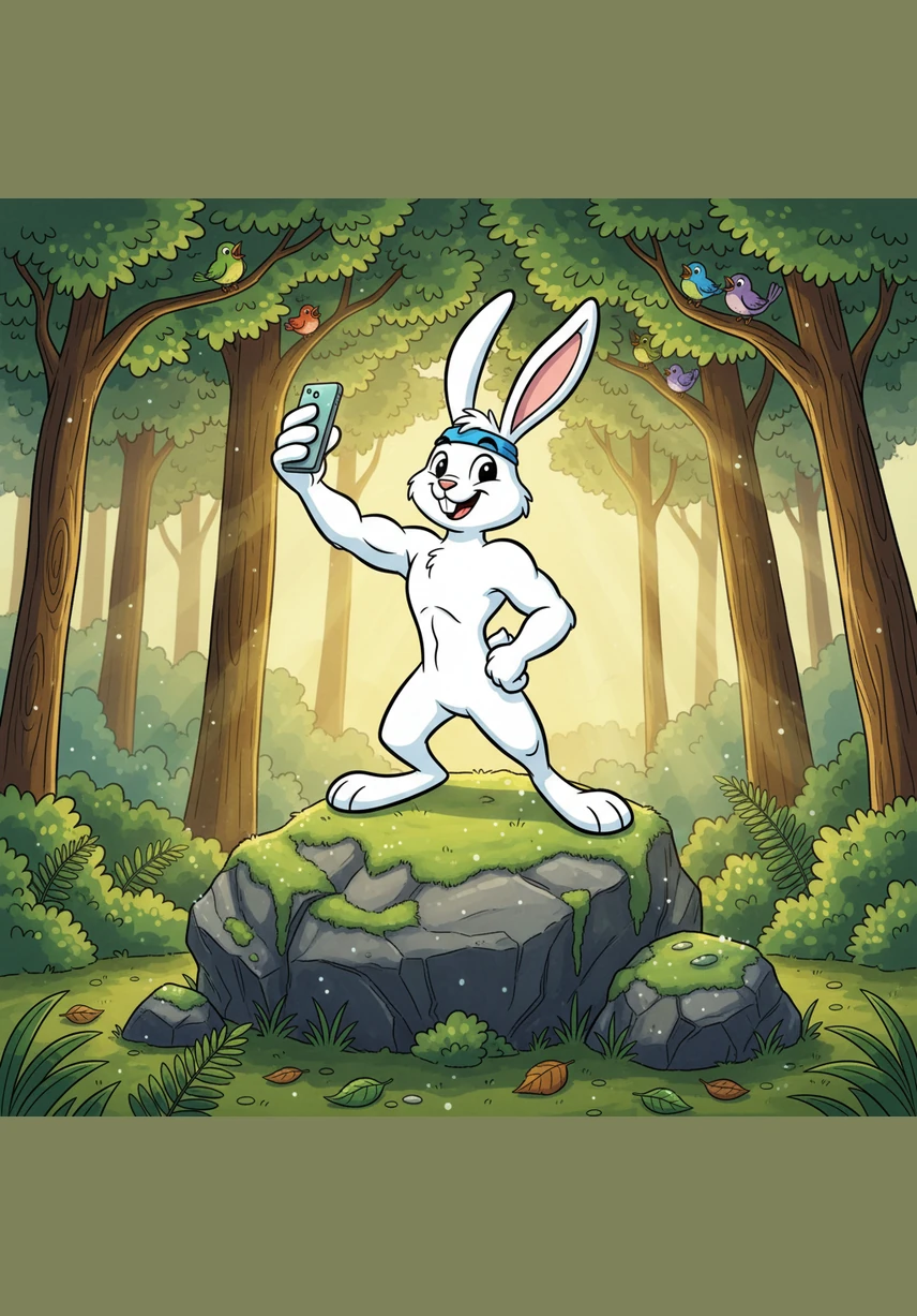 Benny the Bunny strikes a dramatic pose on his mossy Stage Rock, his snow-white fur shimmering under the morning sun. He adjusts his blue headband and holds his phone high, capturing the perfect selfie while birds chirp in the dew-covered trees.