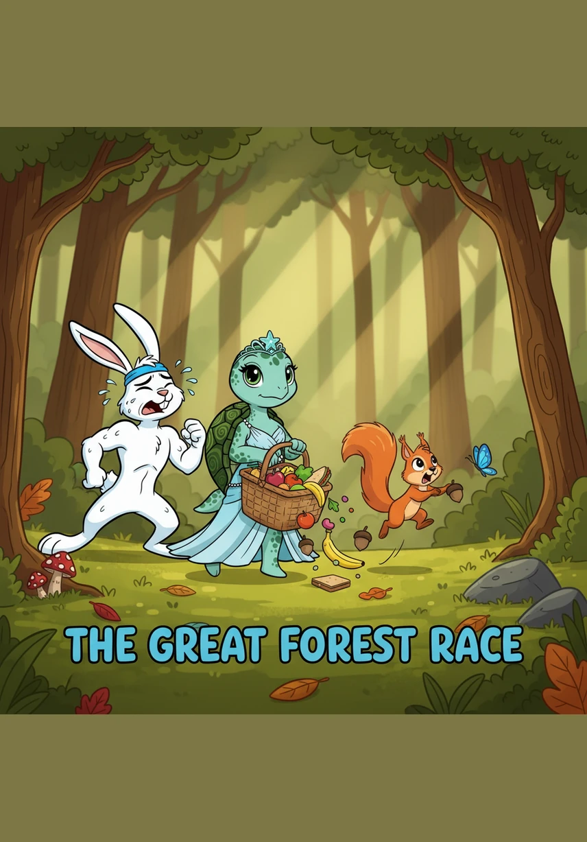 Benny tries to show off his speed but loses control, crashing headfirst into the Squirrel Sisters' acorn stand. A rain of nuts showers down on a startled Mr. Mouse as Sally Squirrel watches her inventory scatter across the forest floor.