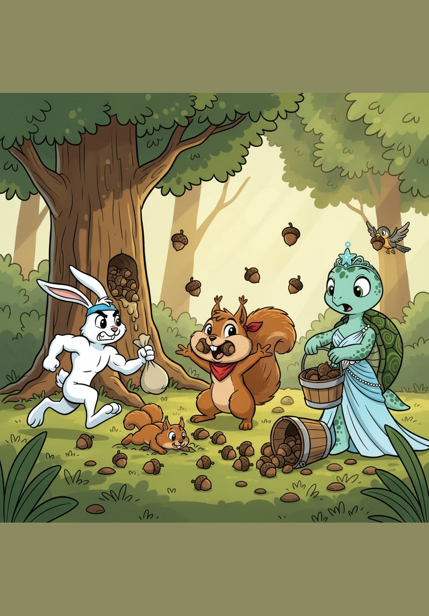 Instead of helping, Benny snaps photos of the acorn chaos while the tiny Ant News Network team records the scene with their miniature microphones. The woodland crowd murmurs in frustration as Benny grins at his screen, distracted by his latest post.