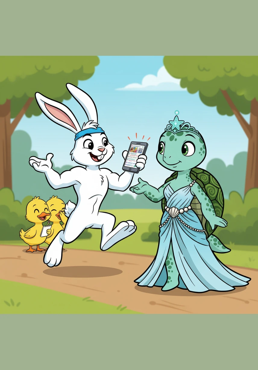 Benny hops over to Tina, bragging about his speed records and showing her his phone screen filled with blurry action shots. Nearby, the Duckling Twins whisper to each other about how Benny’s speed is mostly just stopping to check his hashtags.