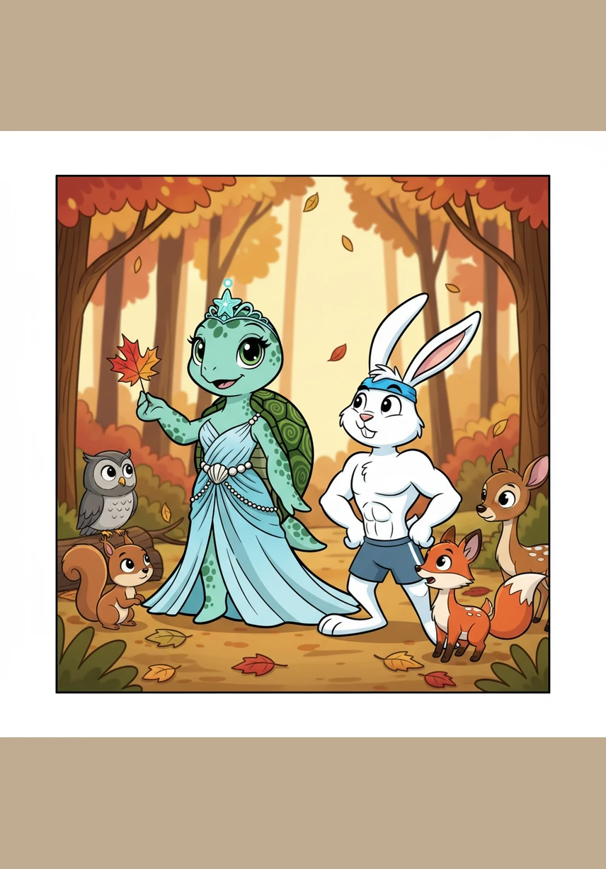 Tina catches a falling maple leaf with gentle precision and tells Benny that those who go slowest often see the most and get the furthest. The surrounding animals nod in agreement, their eyes wide with anticipation as Tina challenges Benny’s frantic pace with her calm wisdom.