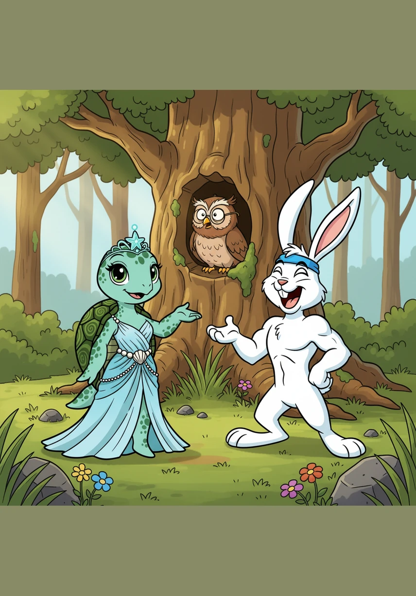 Benny’s ears shoot up in surprise and he lets out a booming laugh that wakes Old Mr. Owl from his nap in the hollow tree. He accepts Tina's challenge, convinced that a turtle could never beat the fastest bunny in Woodland Park.