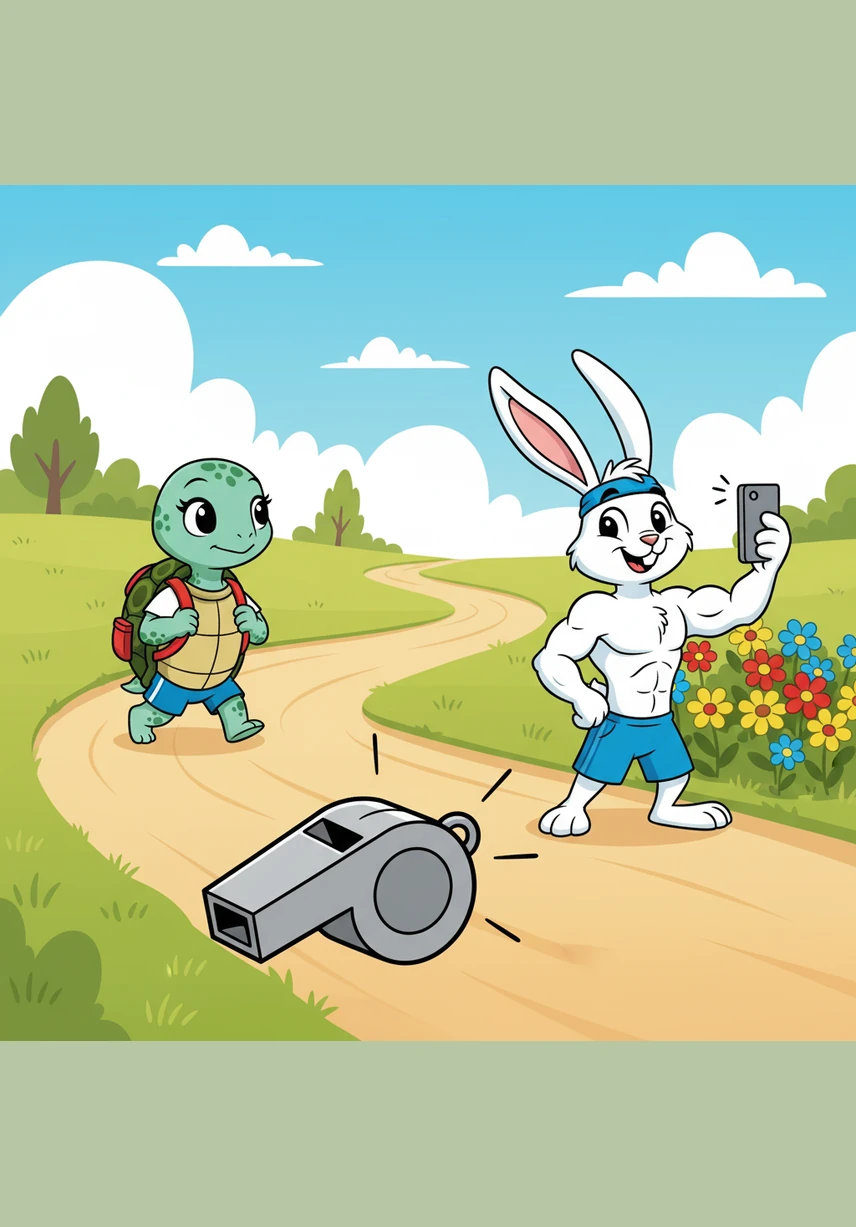 The race begins with a whistle, and Benny rockets ahead only to stop moments later by a patch of bright wildflowers for a victory selfie. Tina keeps her eyes on the path, her little red backpack bobbing steadily as she passes the distracted rabbit.