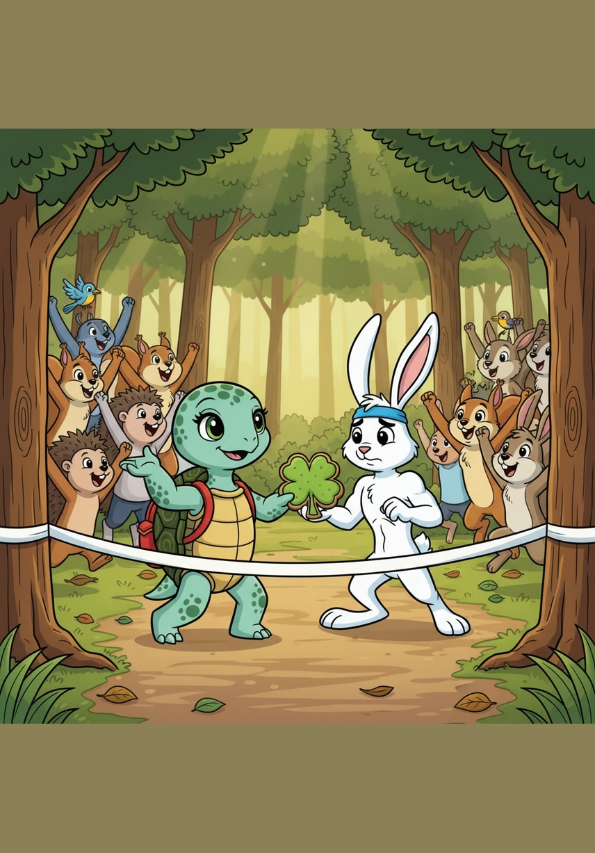 The forest animals erupt in cheers as Tina crosses the finish line first, her focus winning the day over Benny's speed. A humbled Benny finally catches up, and Tina kindly opens her red backpack to share delicious clover cookies with her friend.