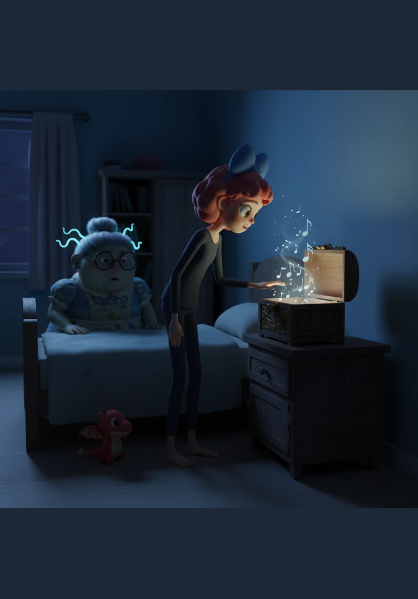 Back in her bedroom, Elara finds the music box sitting on her nightstand despite having left it upstairs. The lid slowly creaks open on its own, and the melody begins to play at a frantic, uneven pace.