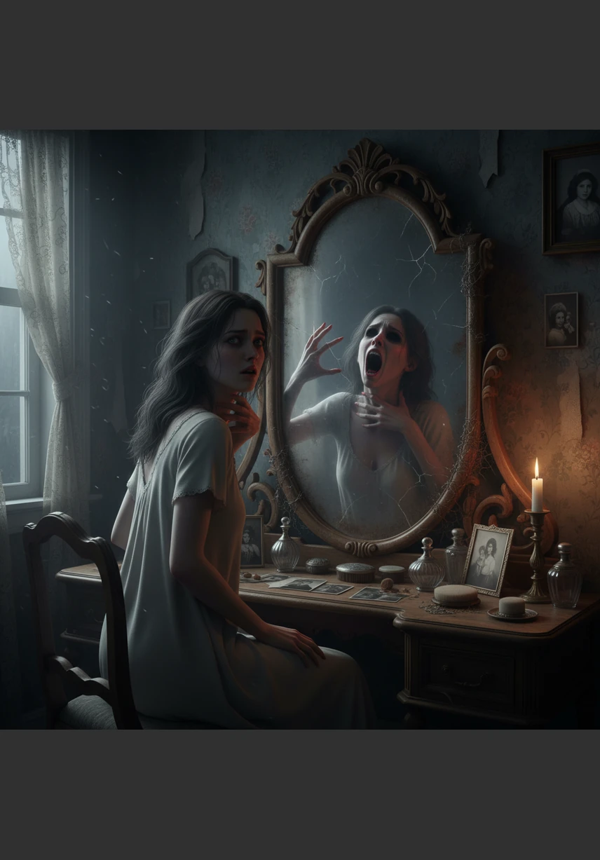 Looking into her vanity mirror, Elara sees a tall, pale figure with hollow eyes standing directly behind her. When she spins around, the room is empty, yet the reflection still shows the dark entity looming over her shoulder.