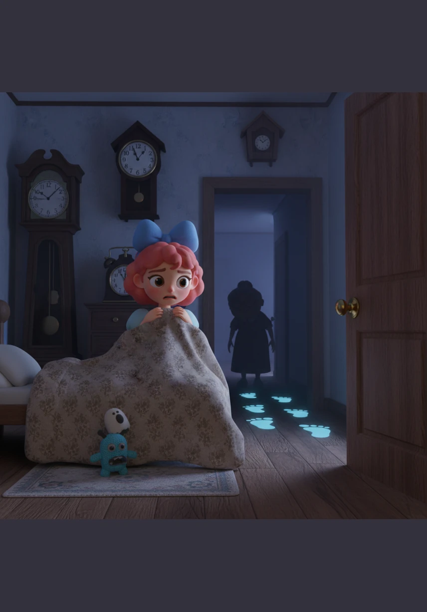 Every clock in the house stops at exactly midnight, their rhythmic ticking replaced by the sound of wet footsteps echoing in the hallway. Elara huddles under her blankets, watching the brass door handle slowly and silently turn.