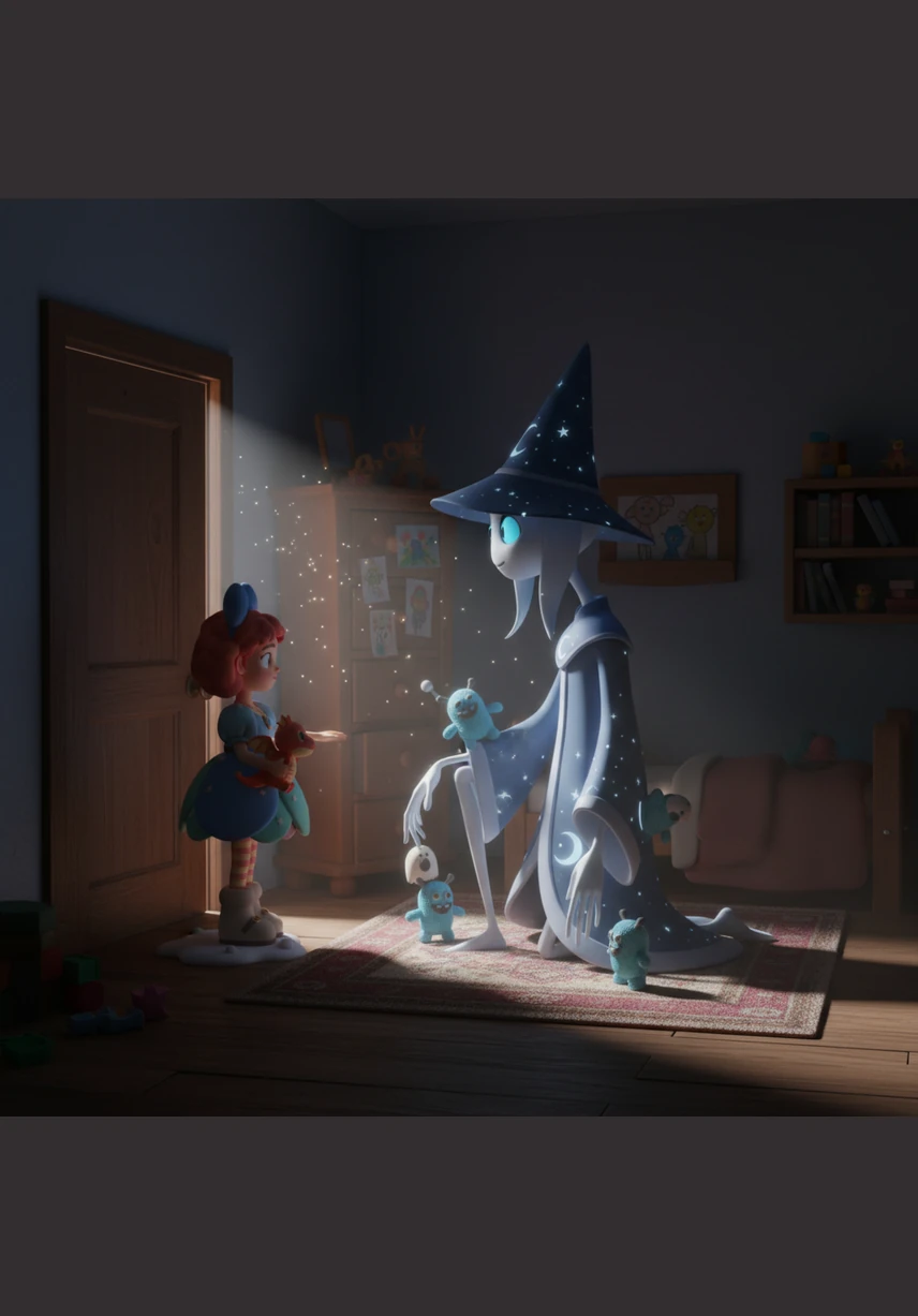 The bedroom door swings open to reveal a void of absolute darkness where the hallway should be. Pale, spindly hands grip the doorframe, their long, jagged fingers scratching deep, permanent grooves into the wood.