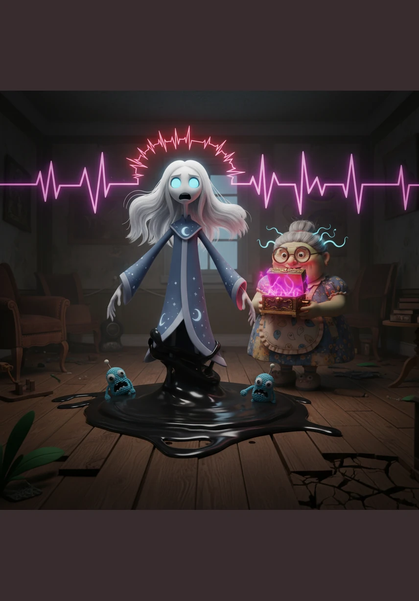 Elara tries to flee, but the floorboards beneath her feet turn into a viscous black liquid that pulls at her ankles. The music box melody grows deafening, shifting from a song into a series of panicked, rhythmic heartbeats.