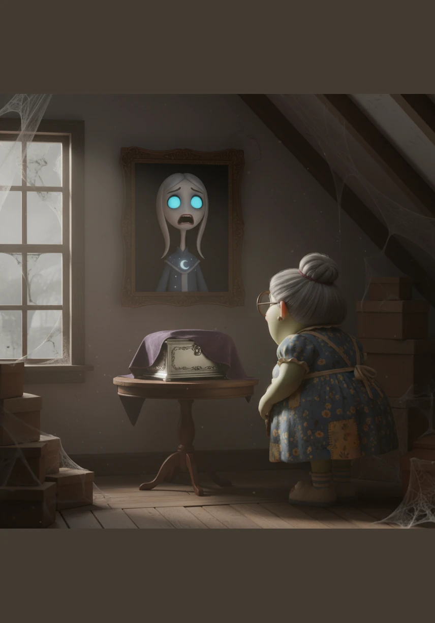 The attic falls silent once more, the silver music box tucked away safely under its velvet shroud. A new, dusty portrait now hangs on the wall, depicting a girl with a frozen expression of terror and eyes as silver as moonlight.