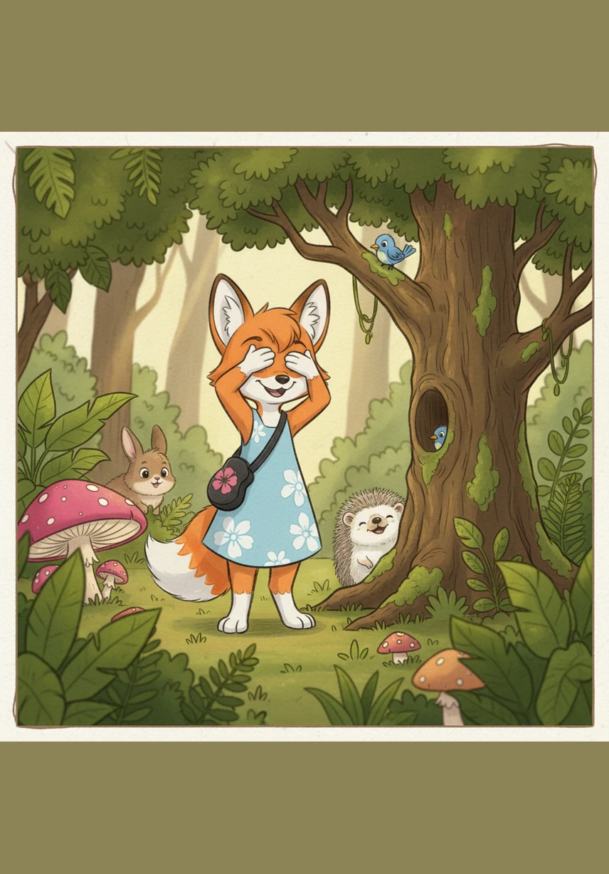 Lilo tries to play hide-and-seek behind a large rock, but her giant tail sticks out like a bright flag for everyone to see. Her animal friends giggle softly as Lilo sighs, wishing her tail would just behave and stay tucked away for once.
