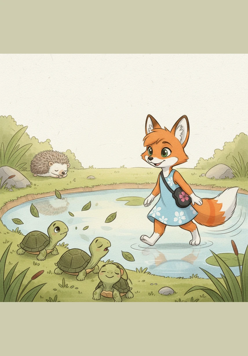 Lilo tiptoes carefully past a group of sleepy turtles resting by the pond, holding her breath and moving slowly. Even though she moves as quietly as a shadow, her tail goes swish and wakes the turtles with a gentle, unexpected breeze.
