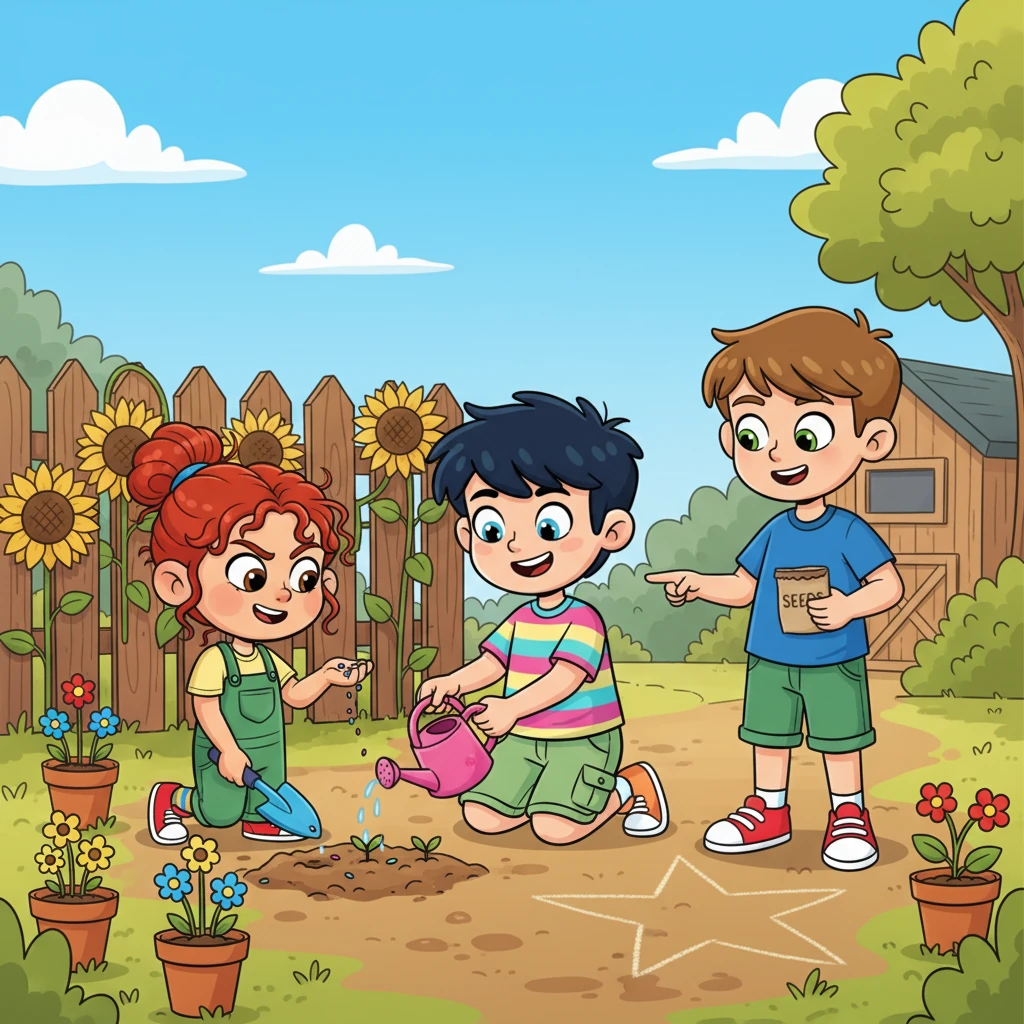 Un soleggiato pomeriggio, Leo era al Giardino della Comunità con i suoi amici, Flora e Marco. Oggi il compito era piantare dei bellissimi fiori colorati, seguendo un piano per creare una forma speciale. Flora e Marco erano entusiasti e tenevano in mano i semi e le piccole palette.