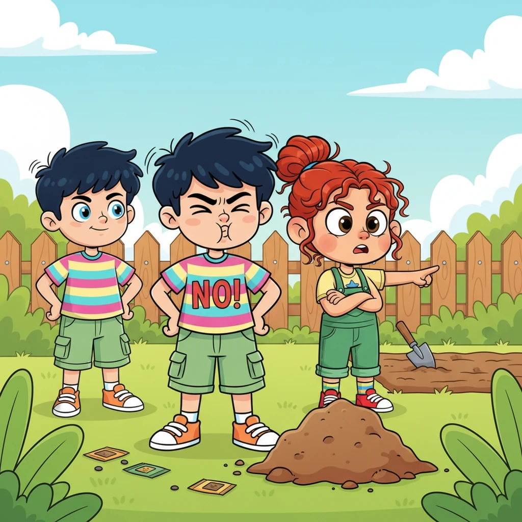 "No, no, no!" esclamò Leo, scuotendo la testa con forza. "Io voglio piantarli tutti qui, in un mucchio! Il mio modo è più divertente!" Flora e Marco cercarono di spiegare il piano, ma Leo gonfiò le guance, rifiutandosi di ascoltare. I semi rimasero nelle bustine, e il compito sembrava bloccato.