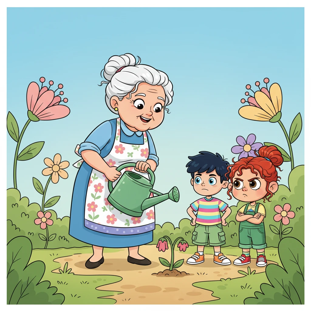 Proprio in quel momento, Nonna Rosa, la saggia e dolce giardiniera del quartiere, si avvicinò con un annaffiatoio gigante e un sorriso caldo. I suoi occhi brillavano di gentilezza mentre osservava la scena. Nonna Rosa vedeva la frustrazione di Leo, ma sapeva che un approccio diverso era la chiave.