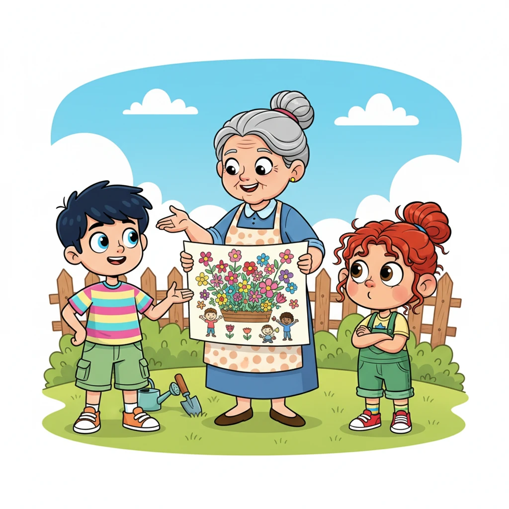 "Che ne dite di una 'Sfida di Squadra'?" propose Nonna Rosa, mostrando loro un disegno di un magnifico letto di fiori, pieno di forme e colori, creato da tanti bambini che avevano lavorato insieme. "Immaginate quanto sarà incredibile il nostro giardino se ci diamo tutti una mano!"