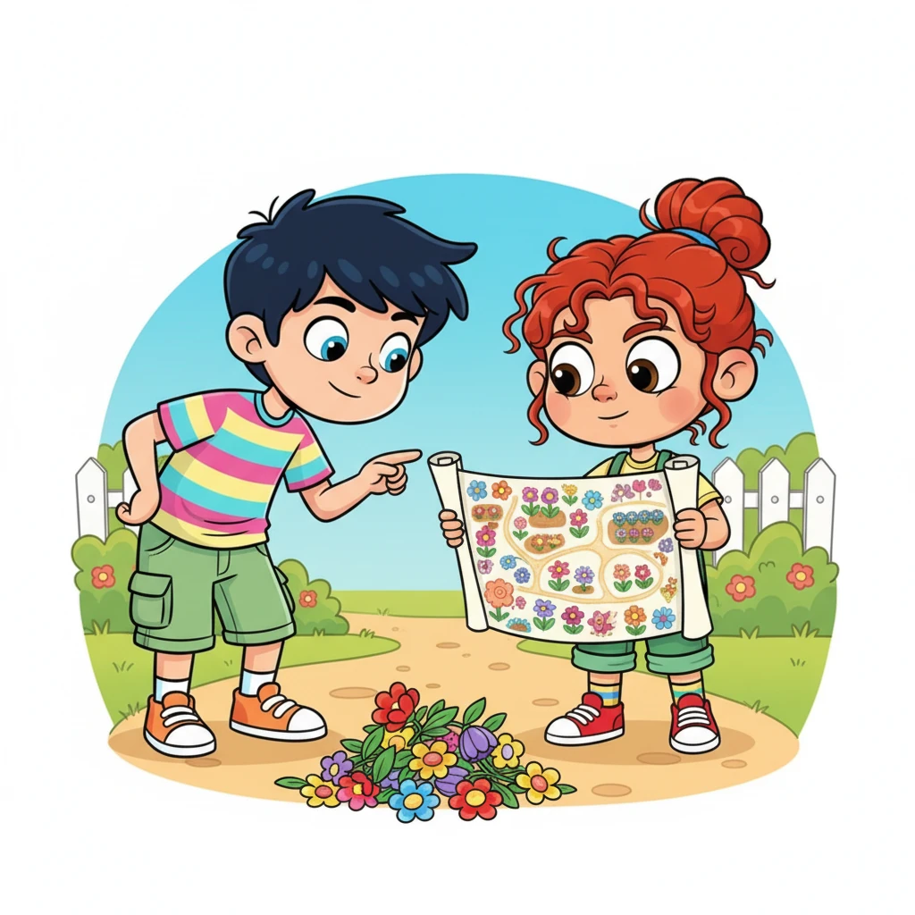 Leo era ancora un po' titubante, ma la parola "sfida" e il disegno colorato catturarono la sua attenzione. Si sporse un po', lanciando un'occhiata al piano di piantumazione che Flora teneva in mano. Iniziò a pensare a come il suo "mucchio" di fiori avrebbe potuto incastrarsi in qualcosa di più grande.