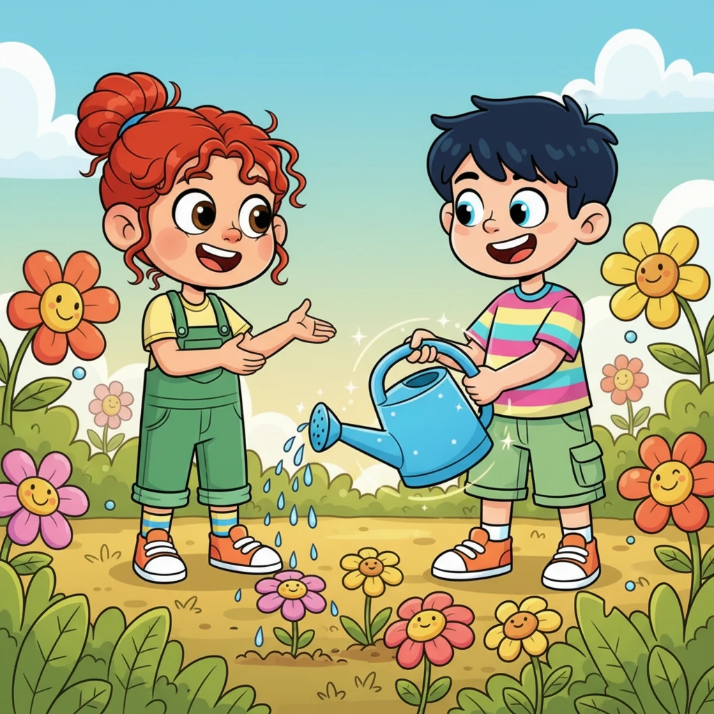 Flora, con un'idea brillante, si rivolse a Leo: "Ehi, Leo! Che ne dici di essere tu il 'Maestro dell'Acqua' per primo? Tu sei così bravo ad annaffiare!" Leo, sorpreso da quel titolo speciale, sorrise e afferrò l'annaffiatoio con entusiasmo. Gli piaceva essere incaricato di qualcosa di importante.