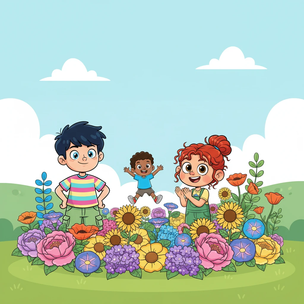 Presto, il letto di fiori era completo, un'esplosione di colori e forme meravigliose! Tutti esultarono, e Leo si sentì un po' orgoglioso. Era una sensazione diversa da quella di fare le cose a modo suo, era la gioia di aver creato qualcosa di fantastico insieme agli amici. Il risultato era molto più bello di un semplice mucchio di fiori.