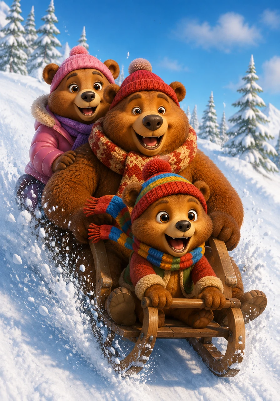 Het is tijd voor actie als de familie met een houten slee de heuvel op klimt voor een razendsnelle afdaling naar beneden. Brammetje zit helemaal voorop en gilt van puur plezier terwijl de koude wind door zijn vacht waait en de sneeuw hoog opspat.