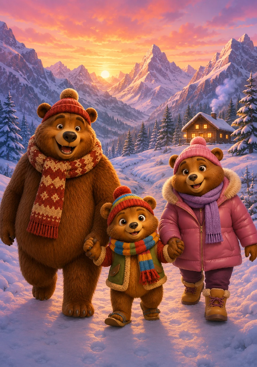 Terwijl de zon langzaam achter de scherpe bergtoppen zakt, kleurt de hele witte wereld magisch roze en oranje. De berenfamilie wandelt hand in hand terug naar hun vakantiehuisje, genietend van de diepe rust van de Alpen.