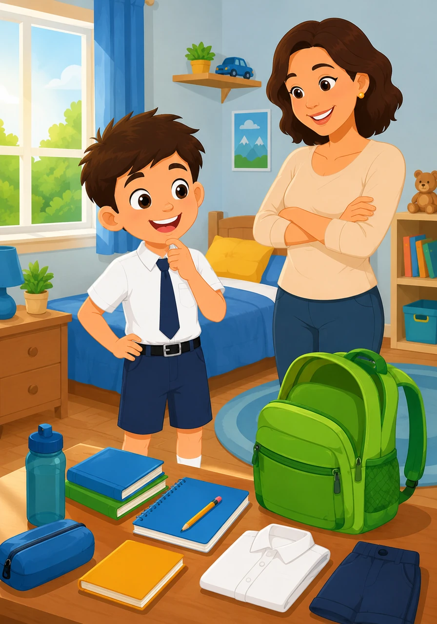 Tom stands in his bright, sunny bedroom with a big smile on his face. Today is a very special day because he is getting ready for school. He looks around at all the things he needs to pack for his big adventure.