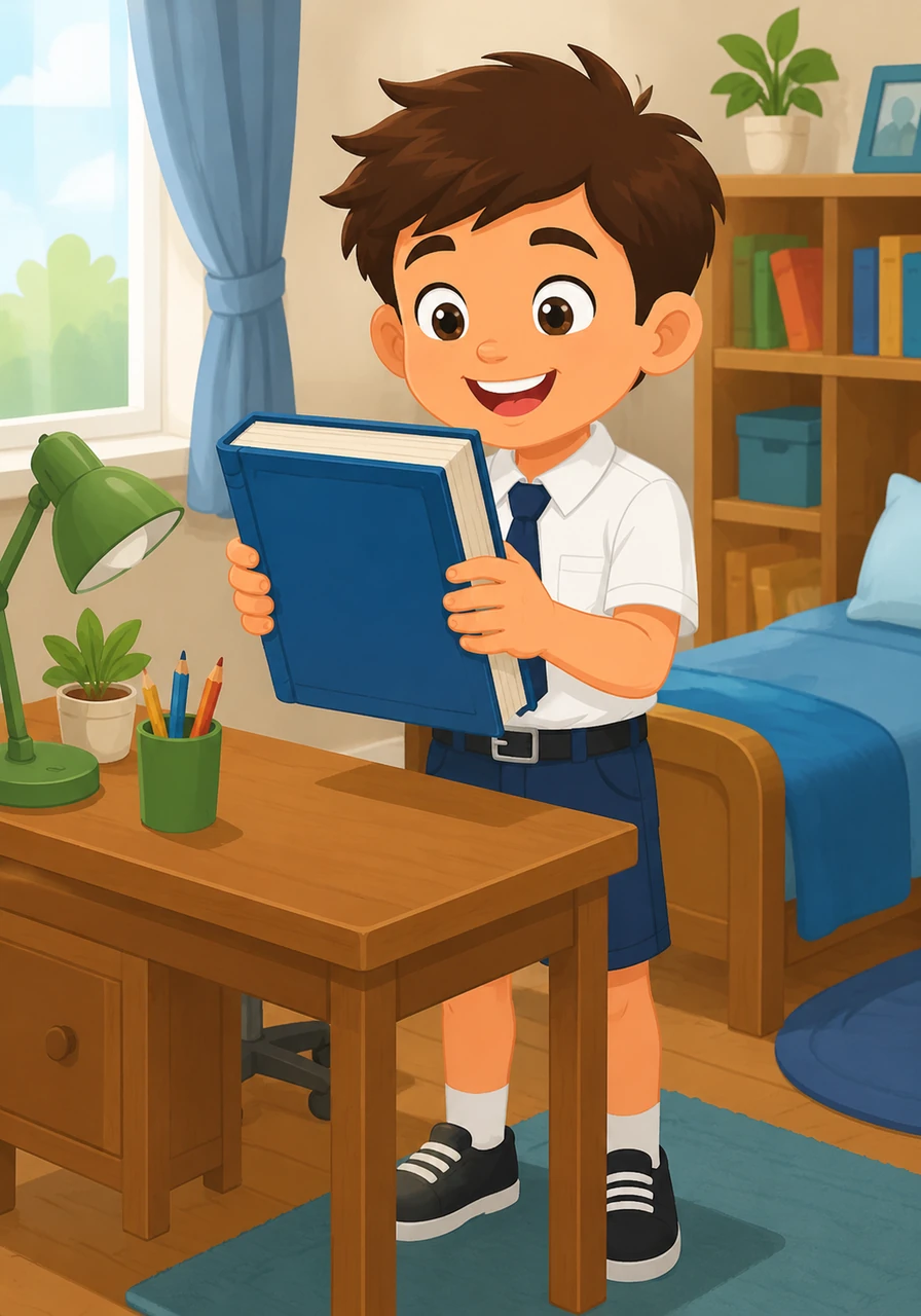 Tom picks up a big blue book from his wooden desk. The book is heavy and filled with exciting stories and colorful pictures. He can't wait to show it to his teacher and share the stories with his new friends.