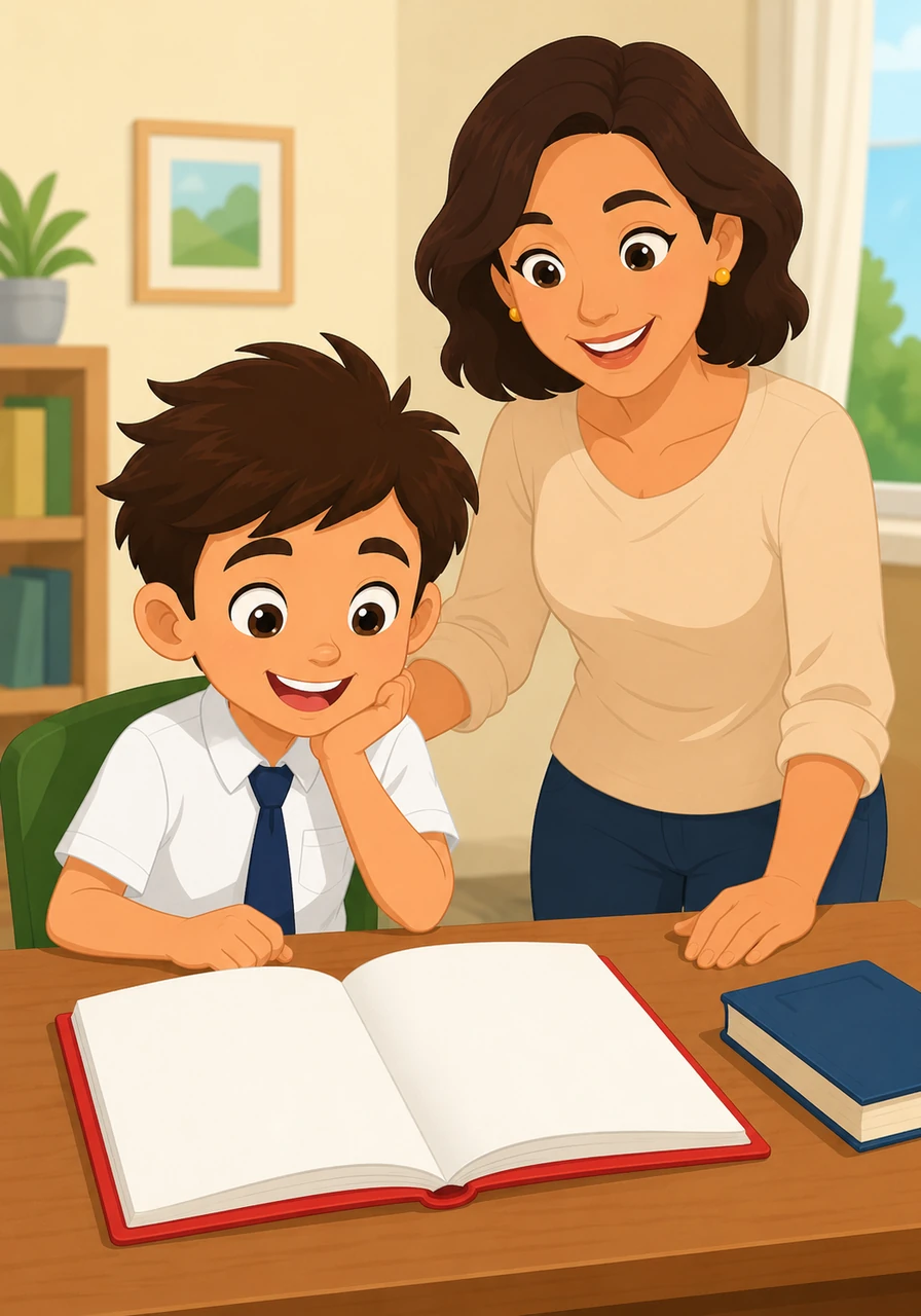 Beside the book lies a bright red notebook. Tom loves the color red because it is bold and happy. He imagines filling the blank pages with his very own drawings and the new letters he will learn to write.