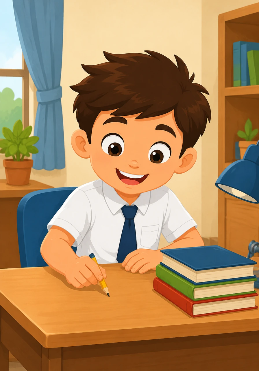 Tom searches for something to write with and finds a small yellow pencil. It is short and pointy, making it the perfect size for his little hands to hold comfortably. He places it carefully next to his books.