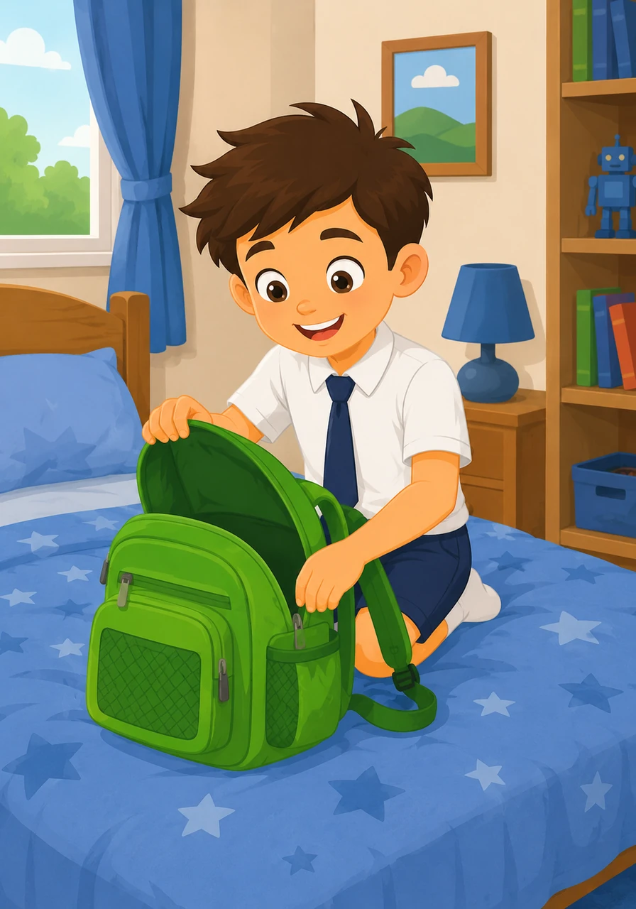 Finally, Tom reaches for his favorite thing of all, a sturdy green school bag. It has soft straps and many pockets to hold all his treasures safely. He lays the bag open on his bed, ready to be filled with his supplies.