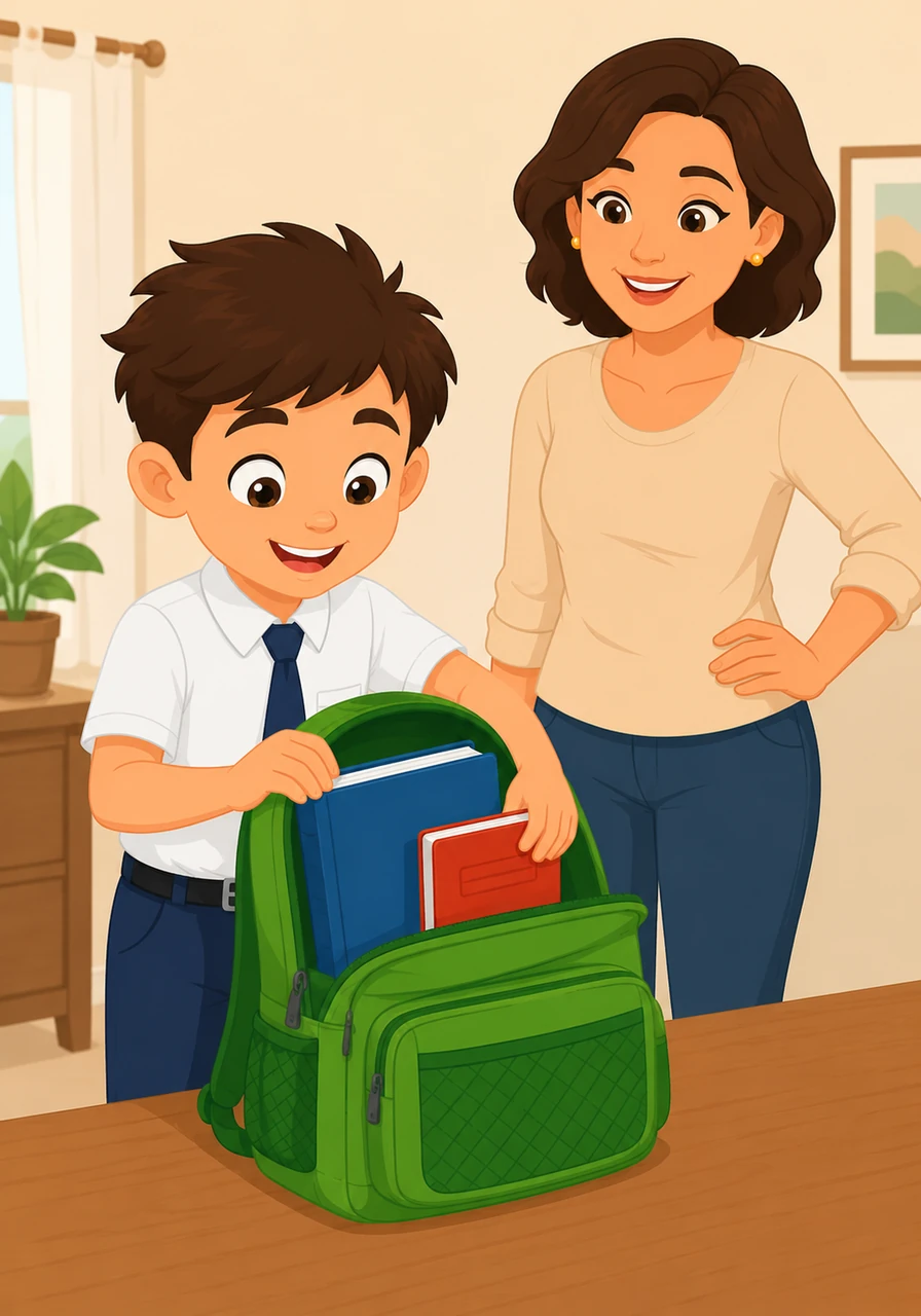 Tom slides the big blue book into the largest compartment of the green bag. Next, he tucks the red notebook right beside it. Everything fits perfectly inside the soft fabric, and Tom feels very proud of his packing.