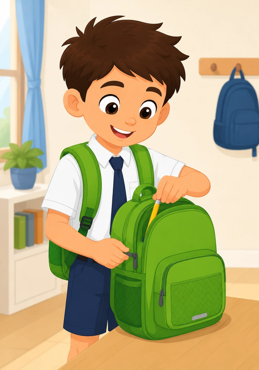 He picks up the small yellow pencil and slides it into a tiny side pocket made just for pens. Tom checks the zippers to make sure everything is secure for the journey. He feels very organized and prepared for the day ahead.
